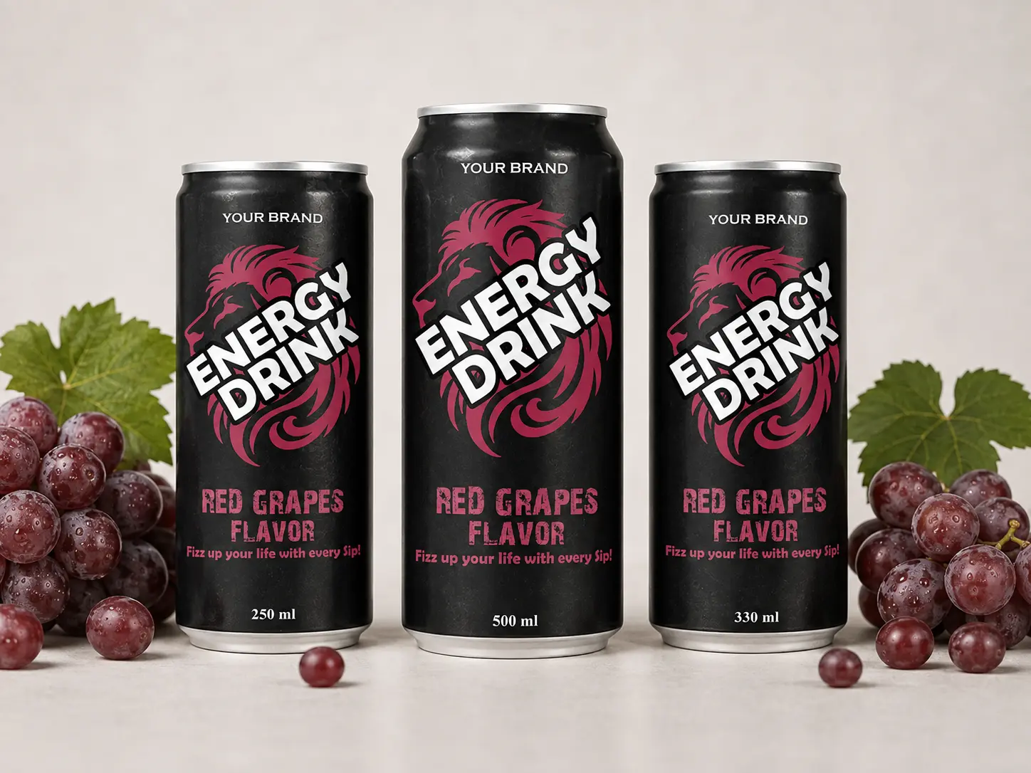 ENERGY DRINK Red Grapes Flavor 250ml, 500ml and 330ml cans.